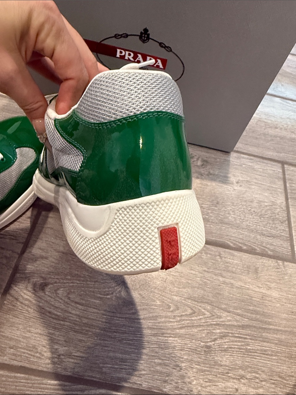 Prada Men’s Green Patent & White Mesh Low-Top Sneakers - Picture 9 of 9